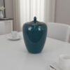 Decorative Jar, 19 Inch Teal Green Ceramic Body, Lid with Storage