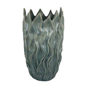 Esen Decorative Vase, Abstract Wave Design, 22 Inch Green Ceramic