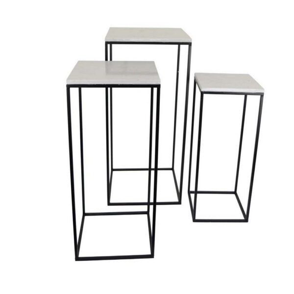 Plant Stand Table Set of 3, Black Metal, Square White Marble Top