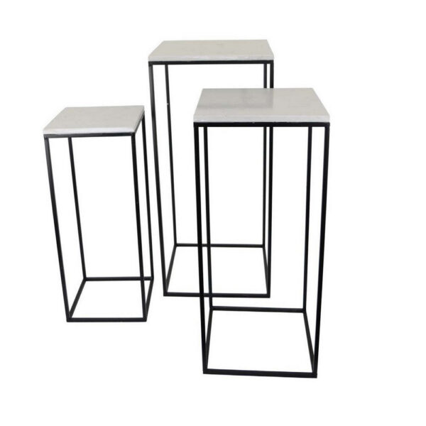 Plant Stand Table Set of 3, Black Metal, Square White Marble Top