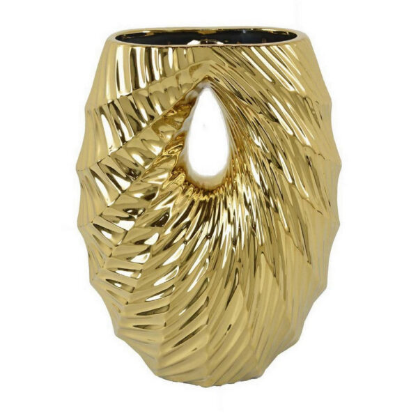 Decorative Vase, 16 Inch U Shape Ceramic Body, Gold Geometric Pattern