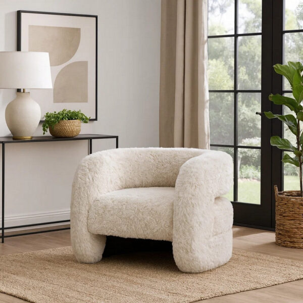1502202669922e23aa99a.jpeg Ciel Accent Chair with Barrel Style Plush Foam Cushion, Beige Faux Fur