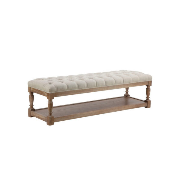 Xena Bench, 59 Inch Tufted Padded White Linen Top, Solid Wood Base