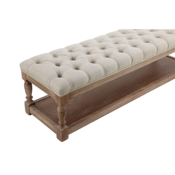 Xena Bench, 59 Inch Tufted Padded White Linen Top, Solid Wood Base