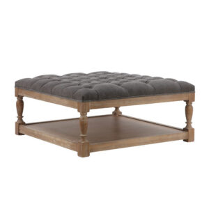 Xena Coffee Table, 36 Inch Tufted Frost Gray Upholstery, Solid Wood