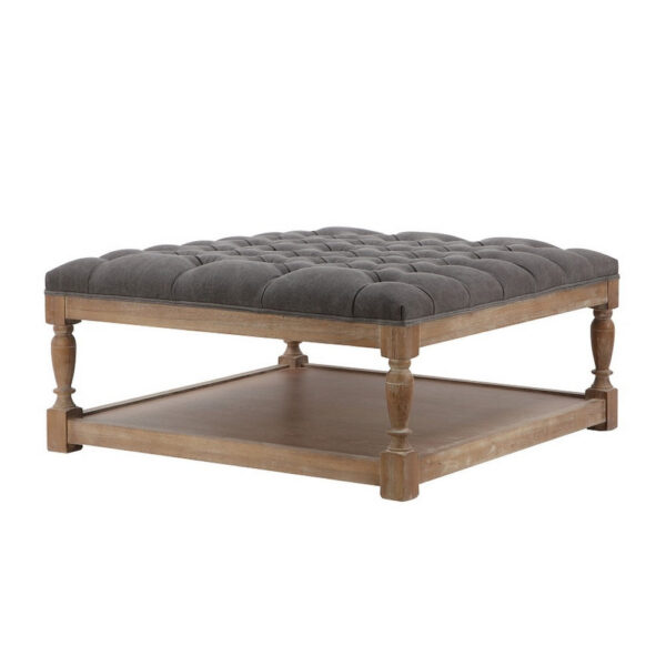 Xena Coffee Table, 36 Inch Tufted Frost Gray Upholstery, Solid Wood