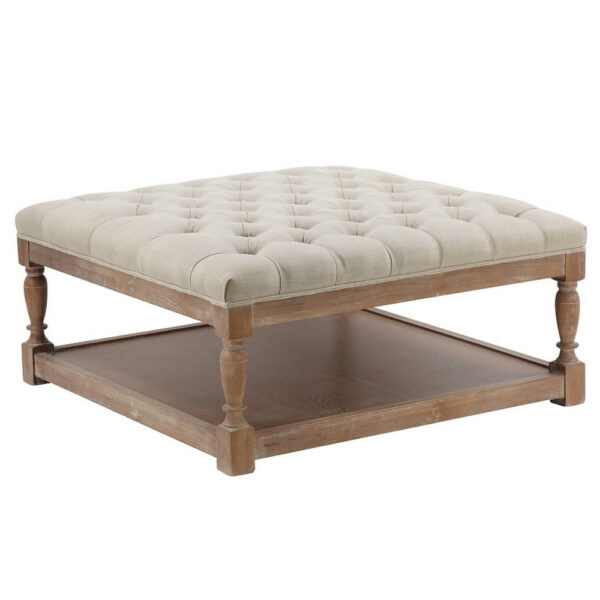 Xena Coffee Table, 36 Inch Tufted Natural White Upholstery, Solid Wood