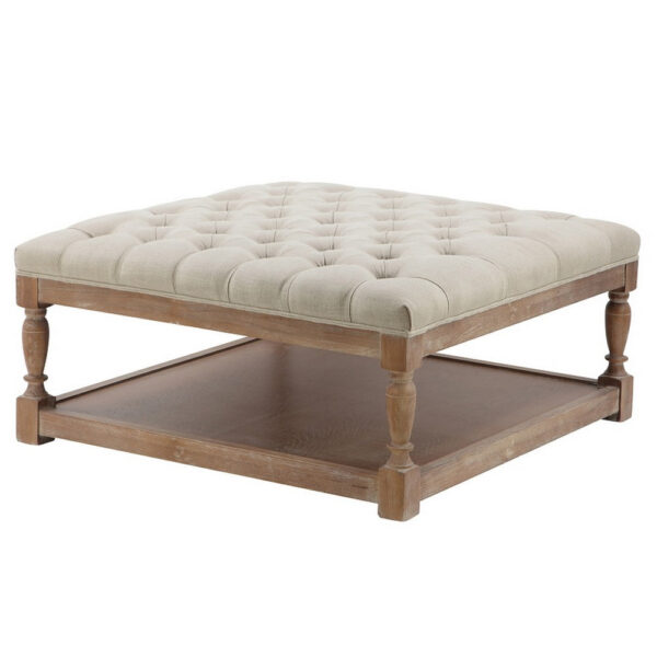 Xena Coffee Table, 36 Inch Tufted Natural White Upholstery, Solid Wood