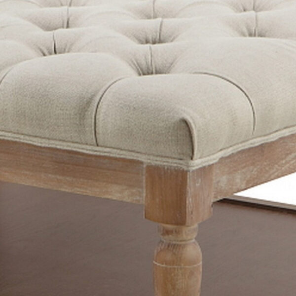 Xena Coffee Table, 36 Inch Tufted Natural White Upholstery, Solid Wood