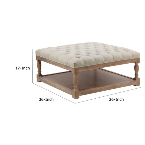 Xena Coffee Table, 36 Inch Tufted Natural White Upholstery, Solid Wood