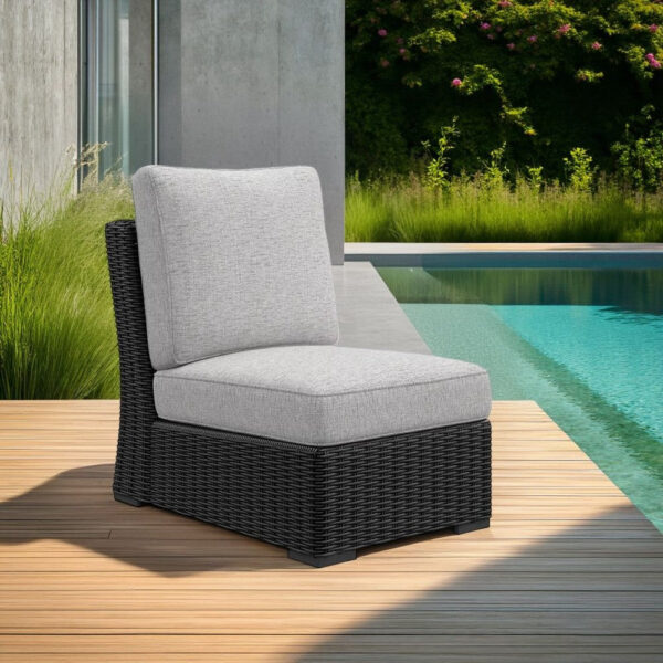 Tira Outdoor Modular Armless Chair, Black Woven Wicker, Gray Nuvella