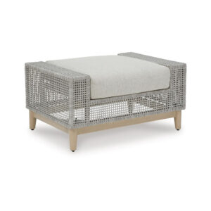 Yami Outdoor Ottoman, 35 Inch, Gray Woven Resin Wicker, Cushioned Seat