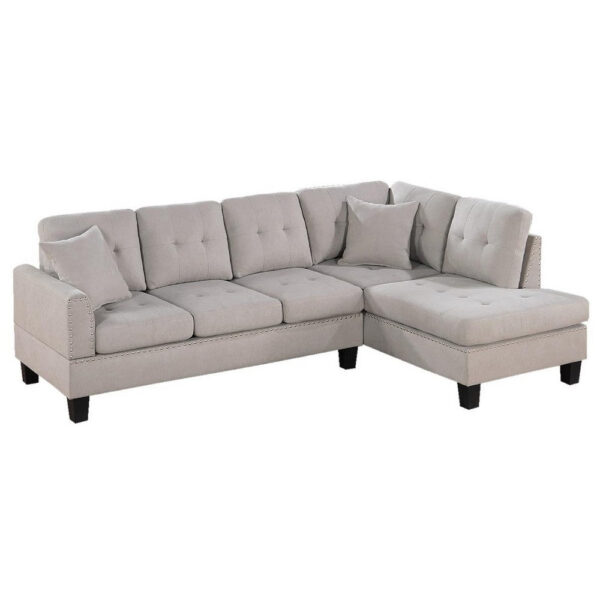 150220266992303477978.jpeg Dema 2pc Sectional Sofa Set, Chaise, 2 Pillows, Textured Beige Velvet