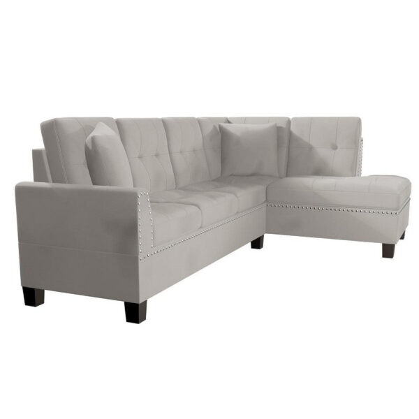 150220266992303a6929a.jpeg Dema 2pc Sectional Sofa Set, Chaise, 2 Pillows, Textured Beige Velvet