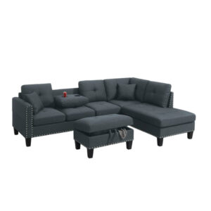 Rema 3pc Sectional Sofa, Chaise, Ottoman, 2 Pillows, Dark Gray Linen