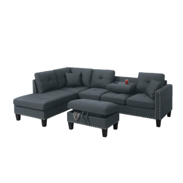 Rema 3pc Sectional Sofa, Chaise, Ottoman, 2 Pillows, Dark Gray Linen