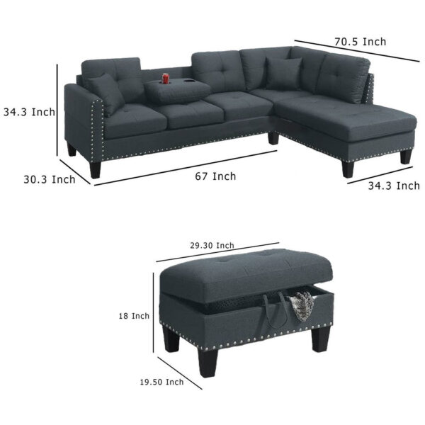 Rema 3pc Sectional Sofa, Chaise, Ottoman, 2 Pillows, Dark Gray Linen