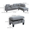 Rema 3pc Sectional Sofa, Chaise, Ottoman, 2 Pillows, Light Gray Linen