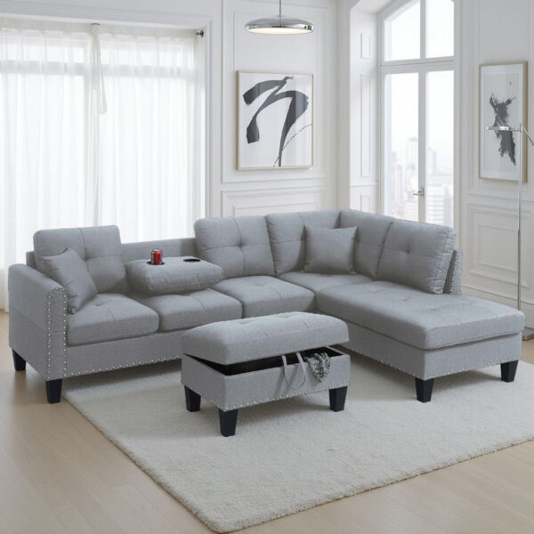 Rema 3pc Sectional Sofa, Chaise, Ottoman, 2 Pillows, Light Gray Linen