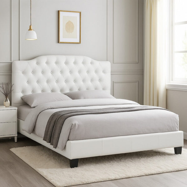 150220266992307e0172b.jpeg Full Size Bed, Tufted Curved, White Faux Leather Upholstered Pine Wood