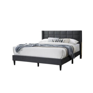 Meno Queen Size Bed, Square Stitched Charcoal Gray Linen Upholstery
