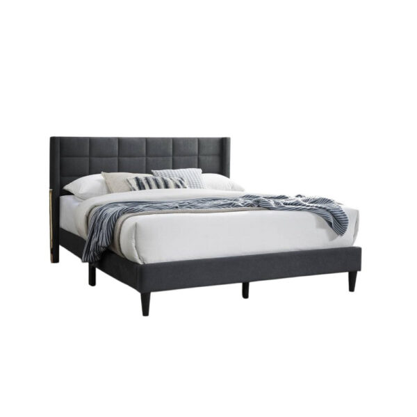 Meno Queen Size Bed, Square Stitched Charcoal Gray Linen Upholstery