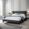 Meno Queen Size Bed, Square Stitched Charcoal Gray Linen Upholstery