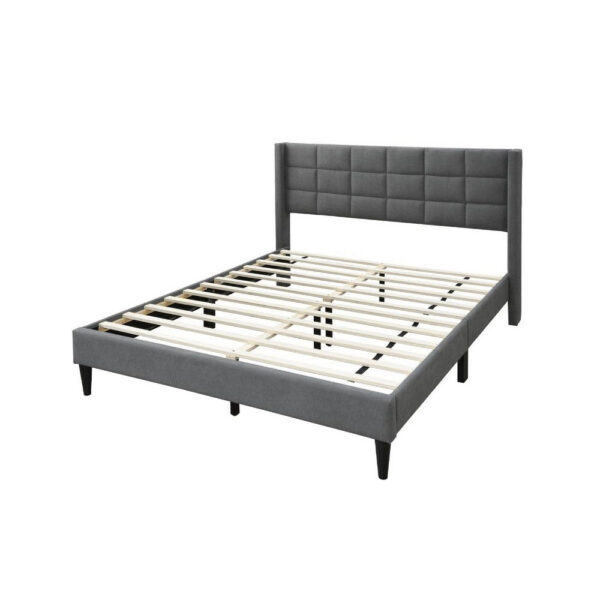 Meno Queen Size Bed, Square Stitched Slate Gray Linen Upholstery