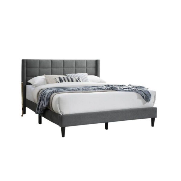 Meno Queen Size Bed, Square Stitched Slate Gray Linen Upholstery