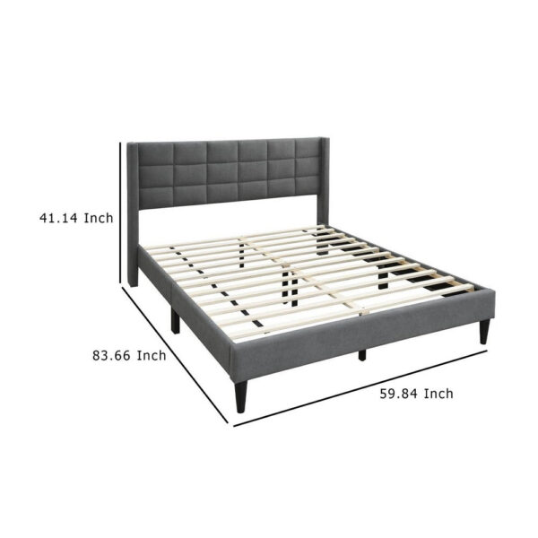 Meno Queen Size Bed, Square Stitched Slate Gray Linen Upholstery