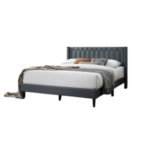 15022026699230c6b1caa.jpeg Jeo Queen Size Bed, Geometric Stitched Charcoal Gray Burlap Upholstery
