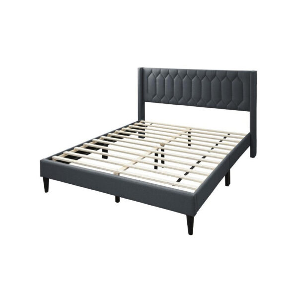 Jeo Queen Size Bed, Geometric Stitched Charcoal Gray Burlap Upholstery