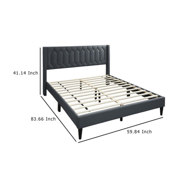 Jeo Queen Size Bed, Geometric Stitched Charcoal Gray Burlap Upholstery