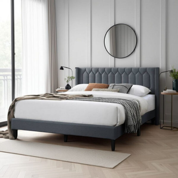 Jeo Queen Size Bed, Geometric Stitched Charcoal Gray Burlap Upholstery