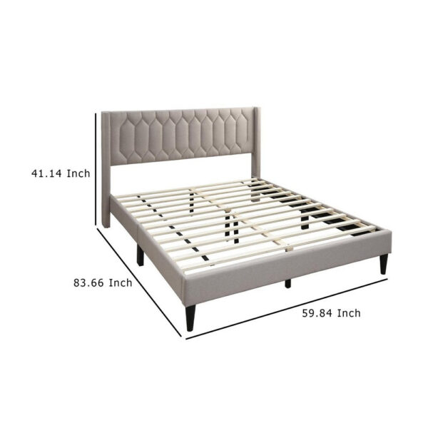 Jeo Queen Size Bed, Geometric Stitched Light Brown Burlap Upholstery