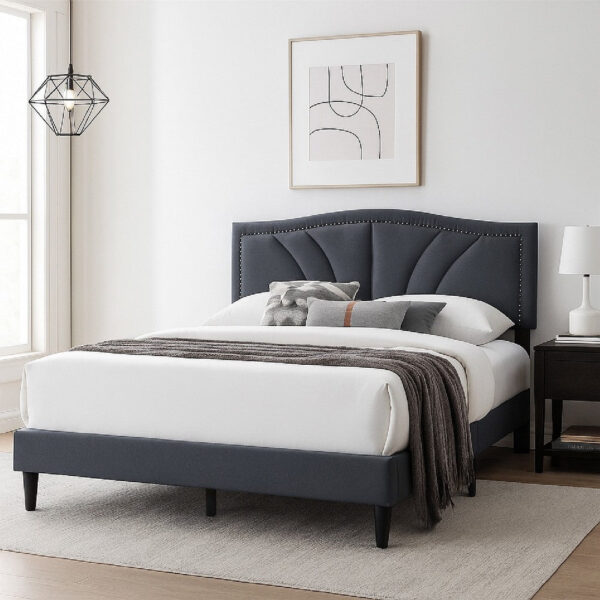 15022026699230f8afacb.jpeg Reo Queen Size Bed, Charcoal Gray Burlap Upholstered Curved Headboard