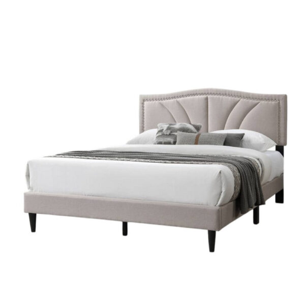 15022026699230ff3941c.jpeg Reo Queen Size Bed, Light Brown Burlap Upholstered Curved Headboard