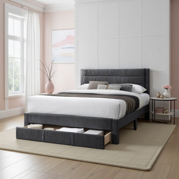 150220266992311f38736.jpeg Heo Queen Size Bed w Storage Drawer, Dark Gray Corduroy Upholstery