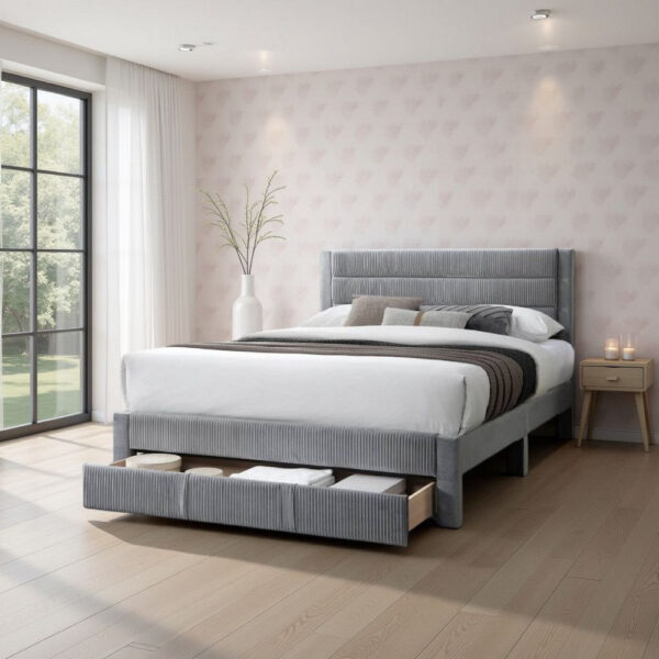 Heo Queen Size Bed w Storage Drawer, Light Gray Corduroy Upholstery
