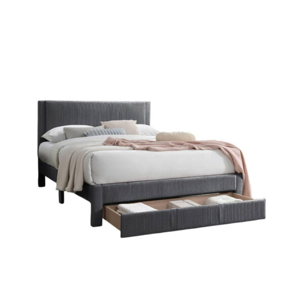 Peo Queen Size Bed w Storage Drawer, Charcoal Gray Corduroy Upholstery