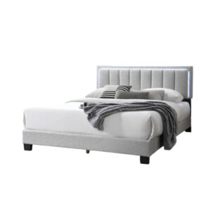 Zemo Queen Size Bed, LED Headboard, Tufted Light Gray Wool Upholstery