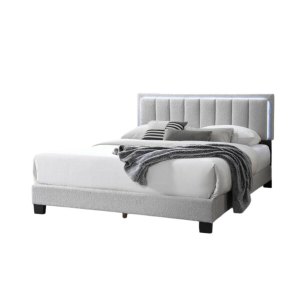 Zemo Queen Size Bed, LED Headboard, Tufted Light Gray Wool Upholstery