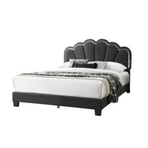 Geny Queen Size Bed, Charcoal Gray Wool Upholstery and LED, Glam Arch