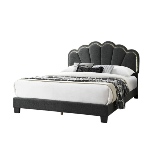 150220266992318081897.jpeg Geny Queen Size Bed, Charcoal Gray Wool Upholstery and LED, Glam Arch