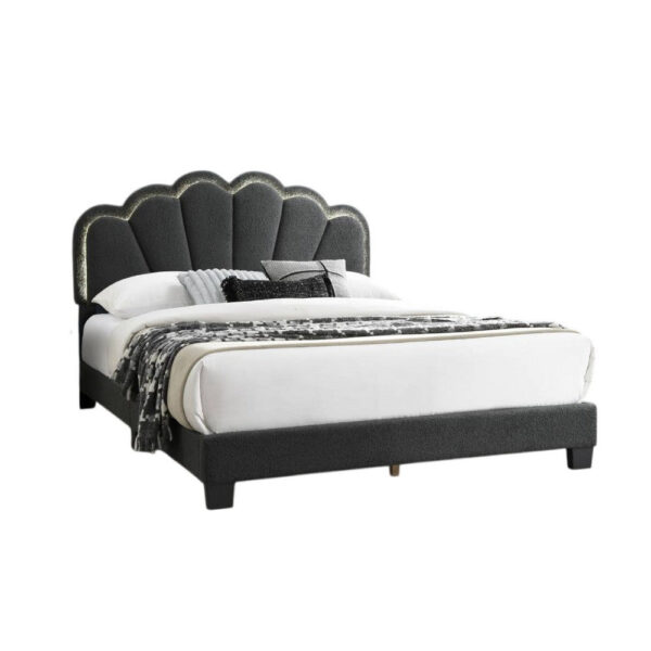 15022026699231864e8bf.jpeg Geny Queen Size Bed, Charcoal Gray Wool Upholstery and LED, Glam Arch
