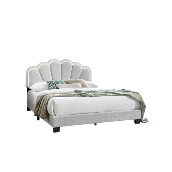 Geny Queen Size Bed, Classic White Wool Upholstery and LED, Glam Arch