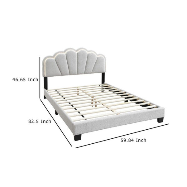 Geny Queen Size Bed, Classic White Wool Upholstery and LED, Glam Arch