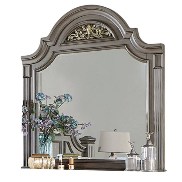 Recus Dresser Mirror, 49 Inch Floral Arched Shape, Gray Solid Wood