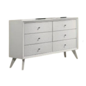 Tory Wide Dresser, 6 Drawers w Bronze Knobs, Textured White Wood