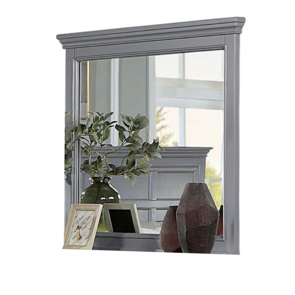 Lile Dresser Mirror w Crown Molding Frame, 42 Inch Gray Solid Wood
